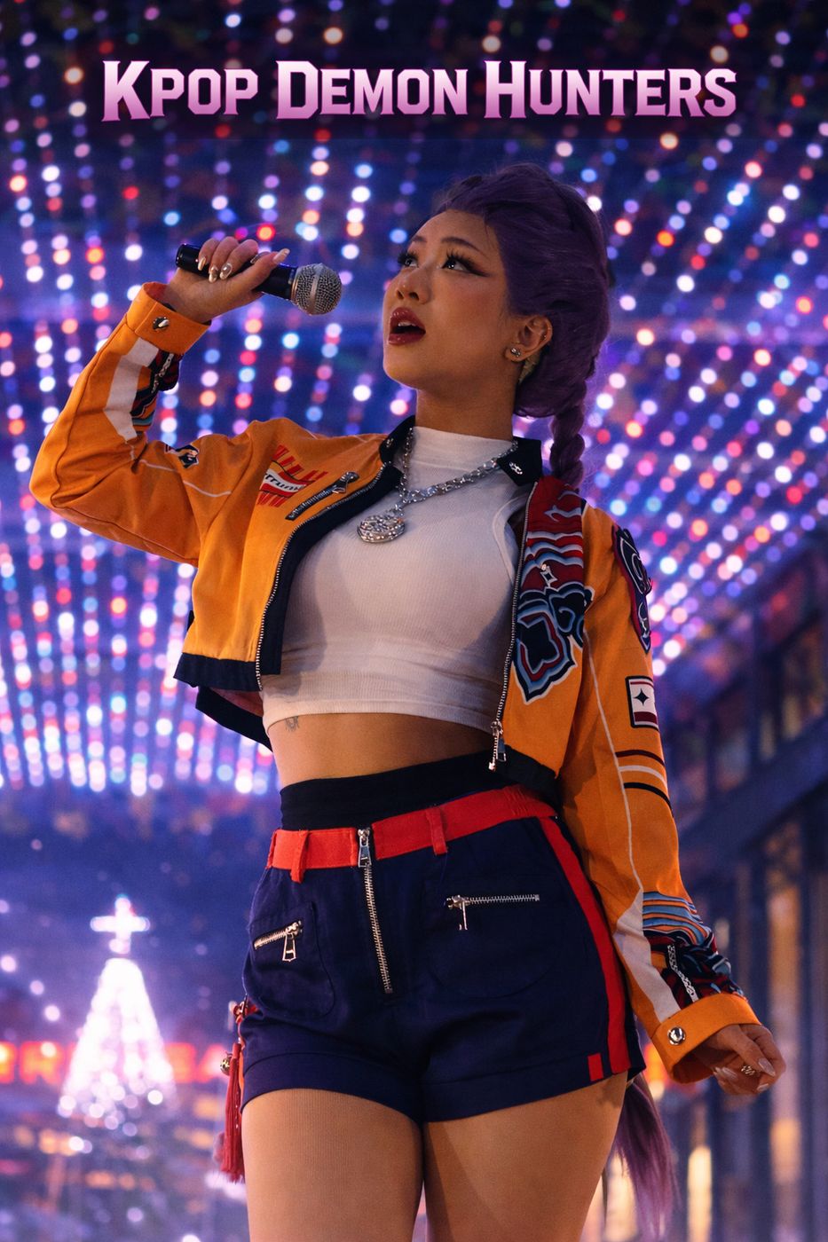 K-pop inspired singer character performing with a microphone under festival lights